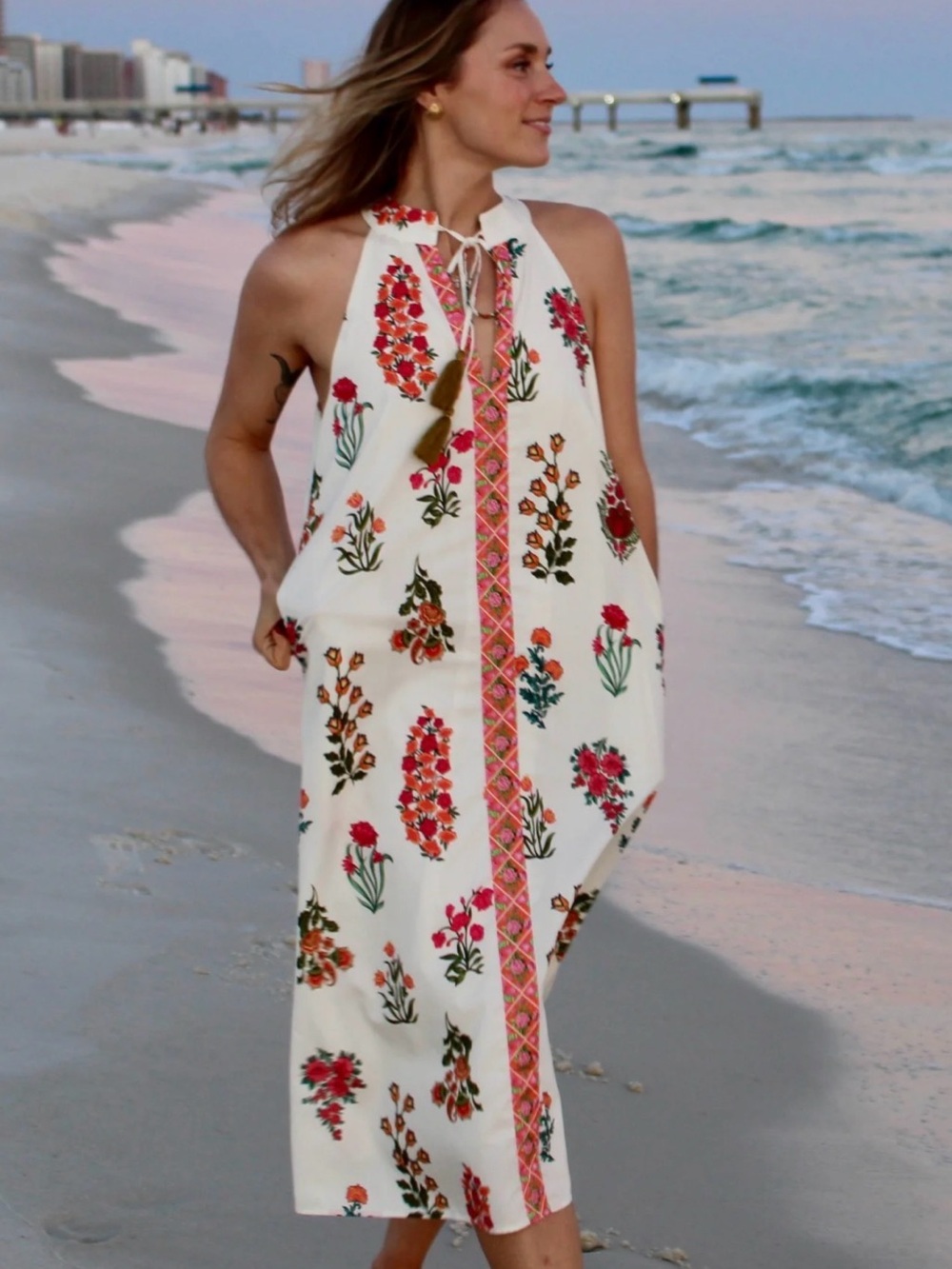 THML White Floral Midi Dress with Pink & Green Accents